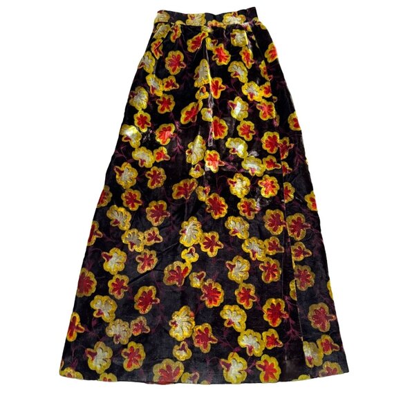 Betty Rose Dresses & Skirts - VTG VELVET 70s SKIRT SIZE 8 BROWN FLORAL BELOW KNEE USA MADE SIDE SLIT WOMENS